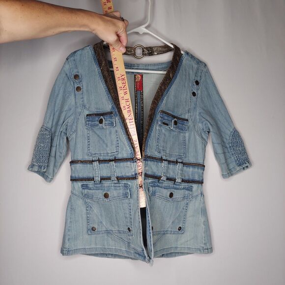 Apple Bottoms Denim Jacket Large Blue Half-Sleeve Faux Leather Trim Y2K - Picture 9 of 10